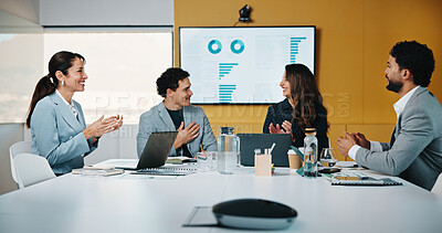 Buy stock photo Team, applause and praise with business man for success, sales growth and financial achievement. Excited group, analyst or clapping for investment, congratulations or performance excellence in office