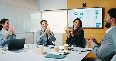 Buy stock photo Business people, team and applause in company for success, sales growth and financial achievement. Excited group, analyst and clapping for investment profit, target celebration or revenue increase