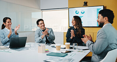 Buy stock photo Business people, team and applause in office for success, sales growth and financial achievement. Excited group, analyst and clapping for investment target, profit celebration or revenue increase