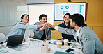 Business people, hands together and group at meeting for success, celebration or motivation at insurance company. Team, broker and stack for achievement, excited and support at risk management agency