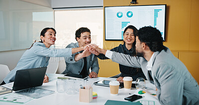 Buy stock photo Business people, hands together and group at meeting for success, celebration or motivation at insurance company. Team, broker and stack for achievement, excited and support at risk management agency