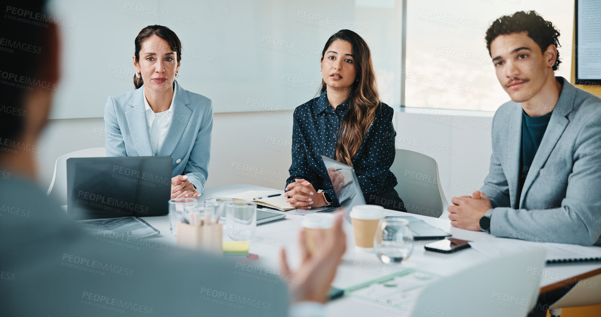 Buy stock photo Business people, meeting and discussion with team for proposal, speech or project idea in office. Group, employees or colleagues with documents or laptop for corporate growth or development together