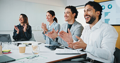 Buy stock photo Business people, team and clapping in office for success, sales growth and financial achievement. Excited group, analyst and applause for investment target, celebration or revenue increase in meeting
