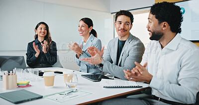 Buy stock photo Business people, group and clapping in office for success, sales growth and financial achievement. Excited team, analyst and applause for investment target, celebration or revenue increase in meeting