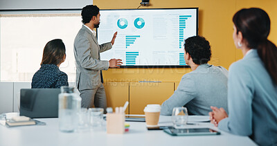 Buy stock photo Presentation, graphs and screen in office with business people for company profit, revenue and pitch. Administration, meeting and financial manager with digital tech for budget, approval or promotion
