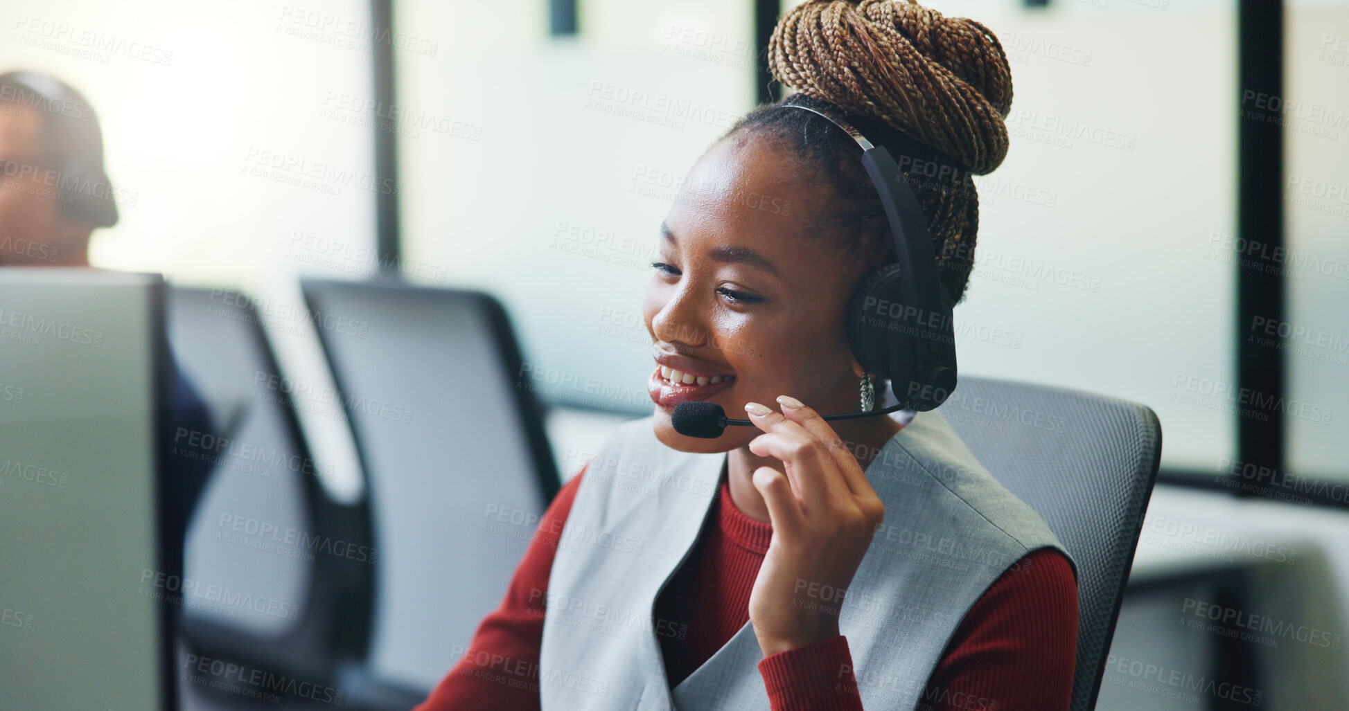 Buy stock photo Telemarketing, woman or mic at computer in call center for cold calling, explain offer or agent. Tech, happy sales consultant or talking on headset for product knowledge, upsell service or coworking