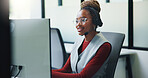 Happy, consultant and black woman with headset in call center for communication or online advice. Female person, agent or smile with mic on computer for virtual assistance, help or support in office