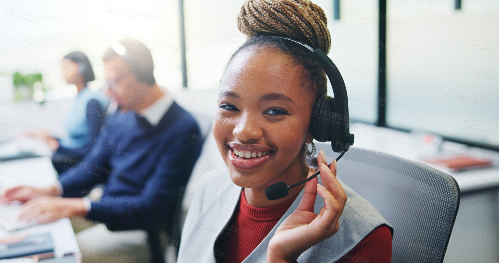 Buy stock photo Happy, agent and portrait with headset in call center for communication or online advice. Female person, friendly consultant or smile with mic for virtual assistance, help or web support in agency