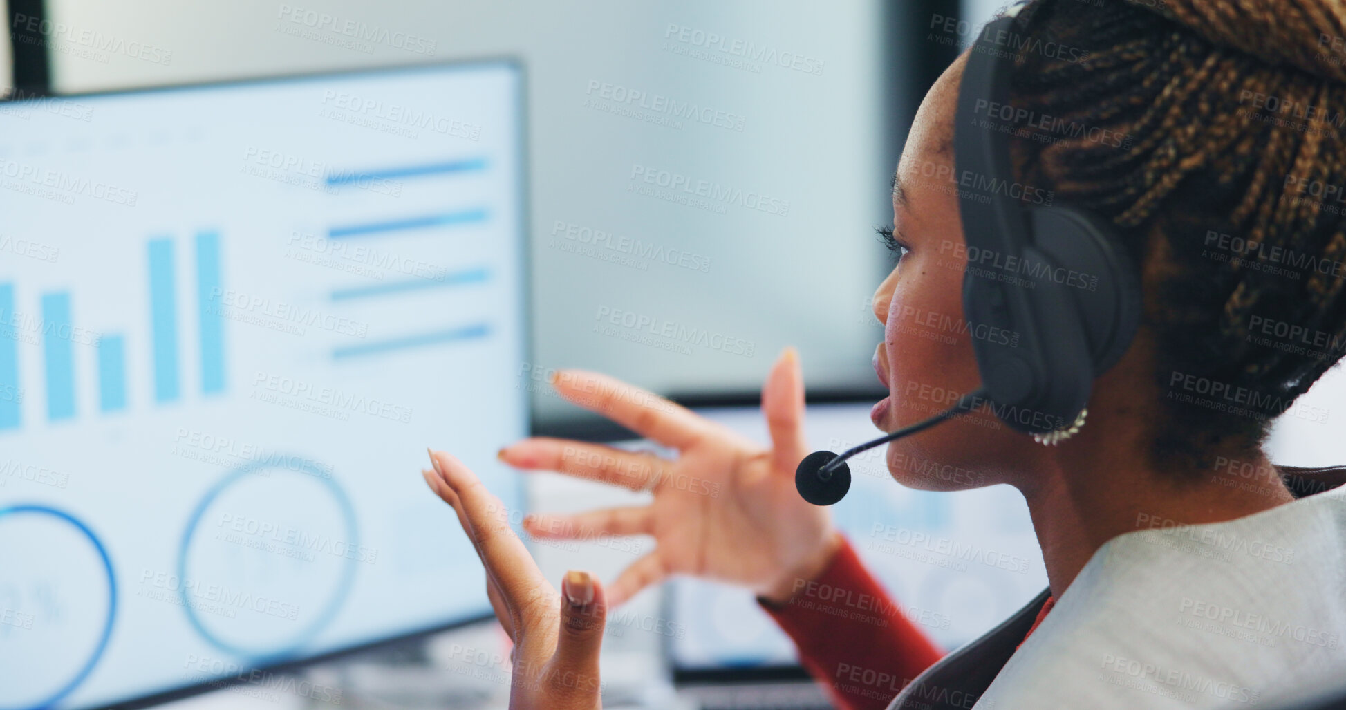 Buy stock photo Call center, computer and business black woman in office for insurance agent, chart and advisor. Claims policy, help desk and cover regulation data with employee in agency for contact and advice