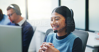 Buy stock photo Consulting, woman or headset with computer in call center for portfolio update, loan advice or CRM. Coworking, finance agent or happy with tech for insurance claim, online inquiry or customer service