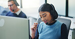 Call center, stress and headache with woman in office for customer support, fail and debt crisis. Hotline operator, contact us and fatigue with person in coworking agency for communication mistake