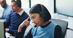 Call center, stress and confused with woman in office for customer support, fail and debt error. Hotline operator, contact us and glitch with person in coworking agency for communication mistake