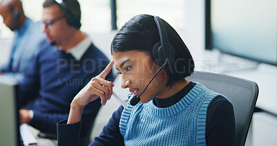 Buy stock photo Call center, stress and confused with woman in office for customer support, fail and debt error. Hotline operator, contact us and glitch with person in coworking agency for communication mistake