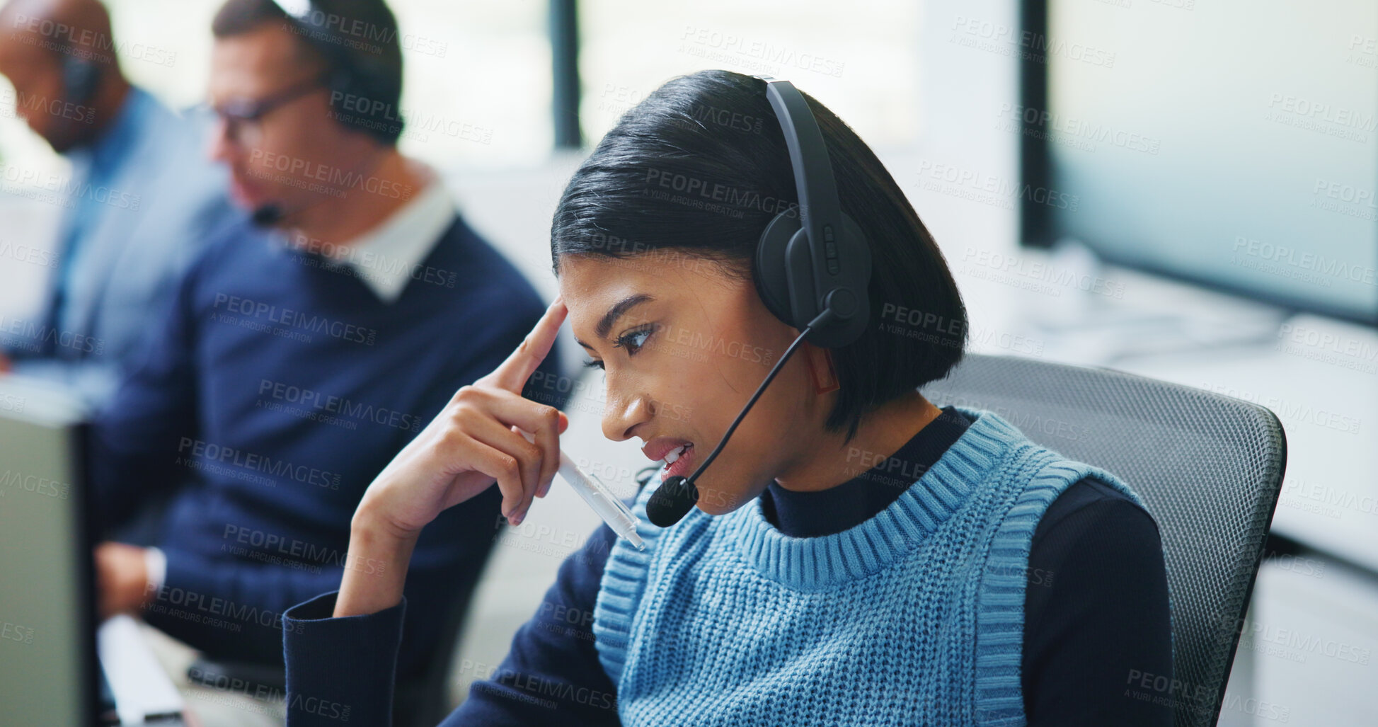 Buy stock photo Call center, stress and confused with woman in office for customer support, fail and debt error. Hotline operator, contact us and glitch with person in coworking agency for communication mistake