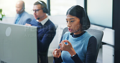 Buy stock photo Discussion, woman and headset at computer in call center for cold calling, explain offer and agent. Telemarketing, sales consultant or talk on tech for product knowledge, lead generation or coworking