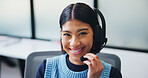 Happy, agent or portrait with headset for communication or online advice in call center. Female person, friendly consultant or smile with mic for virtual assistance, help or desktop support in agency