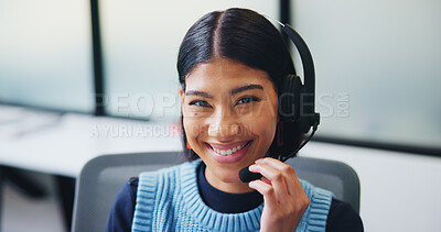 Buy stock photo Happy, agent or portrait with headset for communication or online advice in call center. Female person, friendly consultant or smile with mic for virtual assistance, help or desktop support in agency