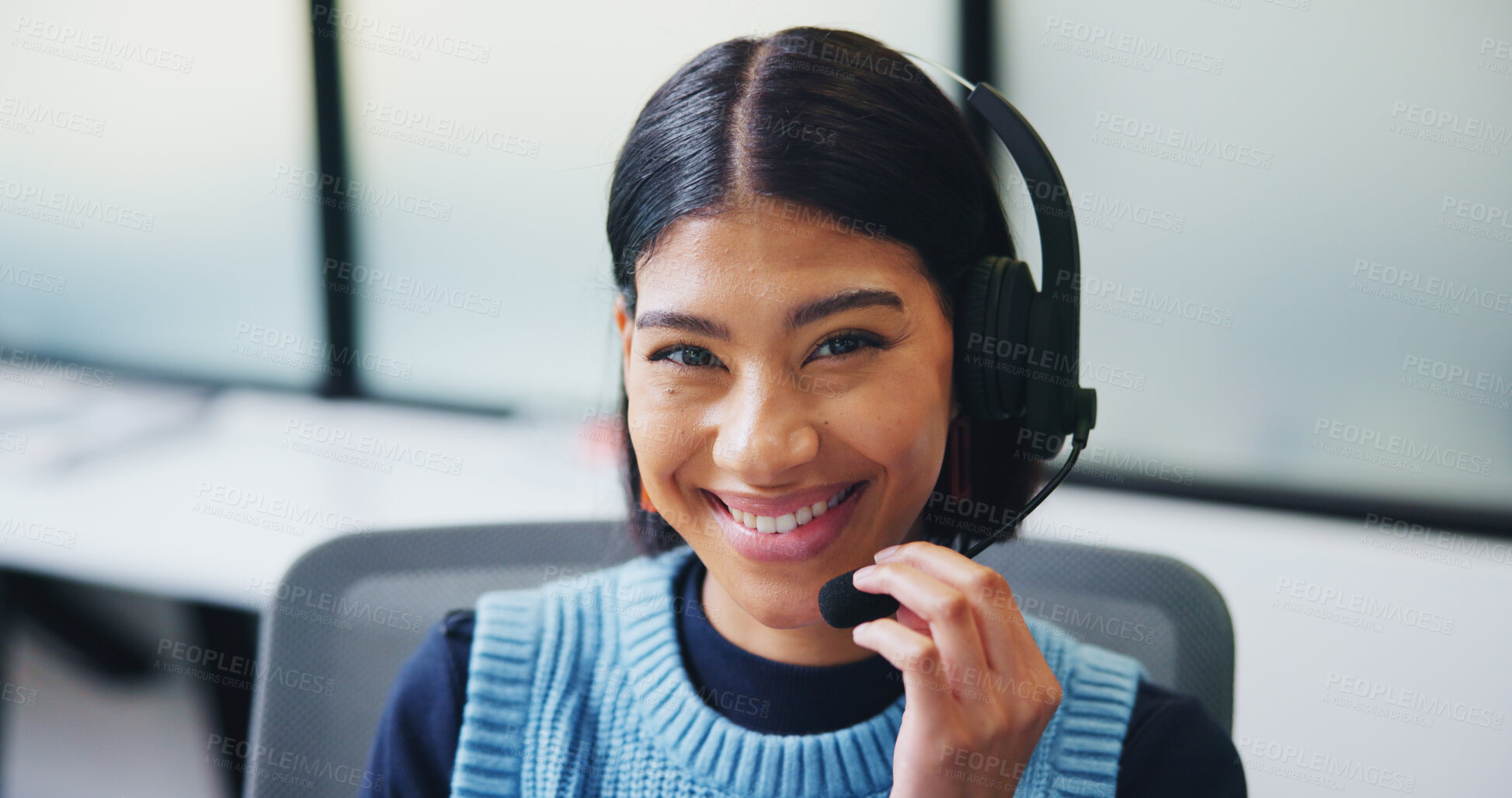 Buy stock photo Happy, agent or portrait with headset for communication or online advice in call center. Female person, friendly consultant or smile with mic for virtual assistance, help or desktop support in agency
