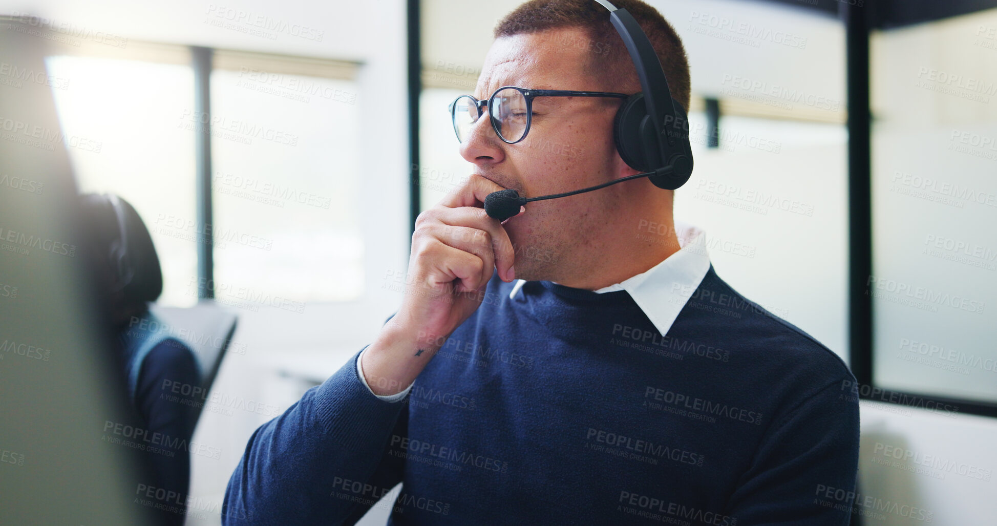 Buy stock photo Yawn, call center and tired with business man in office for overworked, brain fog and contact us crisis. Customer compliant, fatigue and burnout with person in coworking agency for help desk