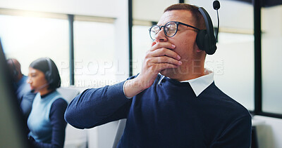 Buy stock photo Yawn, call center and fatigue with business man in office for overworked, brain fog and contact us crisis. Customer compliant, tired and burnout with person in coworking agency for help desk
