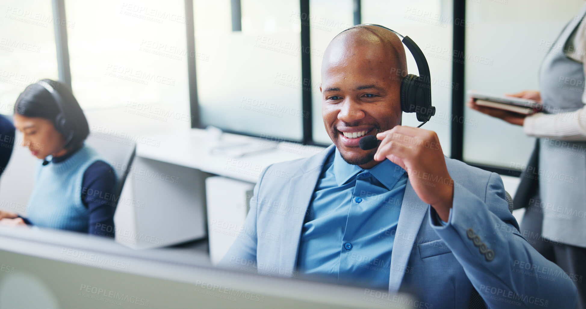 Buy stock photo Consulting, man or computer with headset in call center for inbound assistance, loan advice or CRM. Coworking, finance agent or happy with tech for insurance claim, online inquiry or customer service