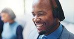 Call center, headset and smile with business man in office for insurance agent, consulting and advisor. Claims policy, help desk and cover regulation consultant with employee in coworking agency