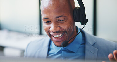 Buy stock photo Call center, computer and smile with business black man in office for insurance agent, consulting and advisor. Claims policy, help desk and cover regulation consultant with employee in agency
