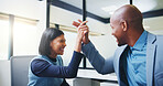 Success, high five and planning with business people in office for promotion, bonus and team. Collaboration, solidarity and partnership with employees in agency for support, achievement and goal

