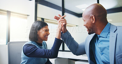 Buy stock photo Success, high five and planning with business people in office for promotion, bonus and team. Collaboration, solidarity and partnership with employees in agency for support, achievement and goal
