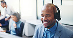 Call center, research and smile with business man in office for insurance agent, consulting and advisor. Claims policy, help desk and cover regulation consultant with employee in coworking agency