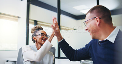 Buy stock photo Success, high five and happy with business people in office for promotion, bonus and team. Collaboration, solidarity and partnership with employees in agency for support, achievement and goal