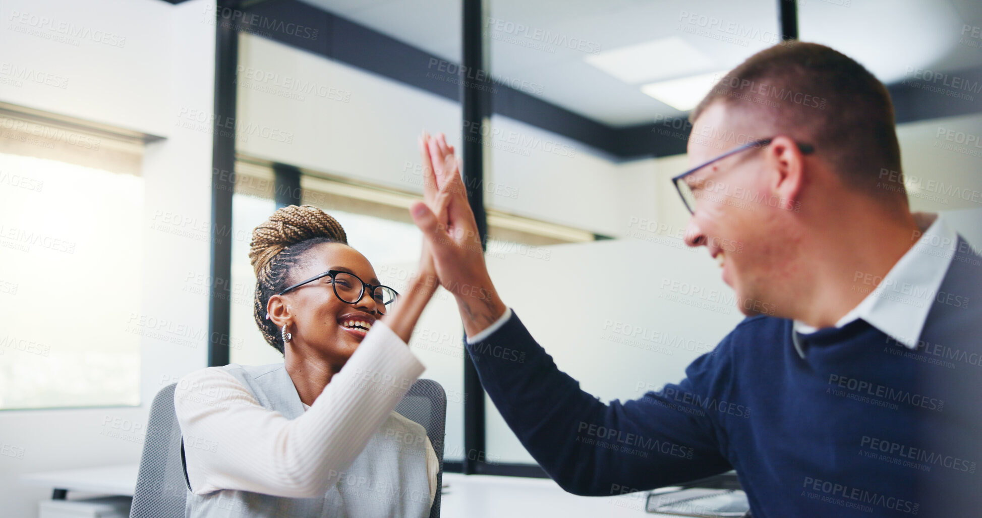 Buy stock photo Success, high five and happy with business people in office for promotion, bonus and team. Collaboration, solidarity and partnership with employees in agency for support, achievement and goal