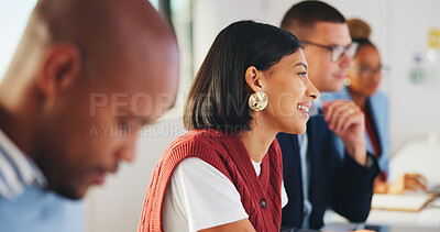 Buy stock photo Woman, business and smile in meeting for learning, workshop and creative opportunity in agency. Attention, employee and colleagues in office for training forum, project feedback and collaboration