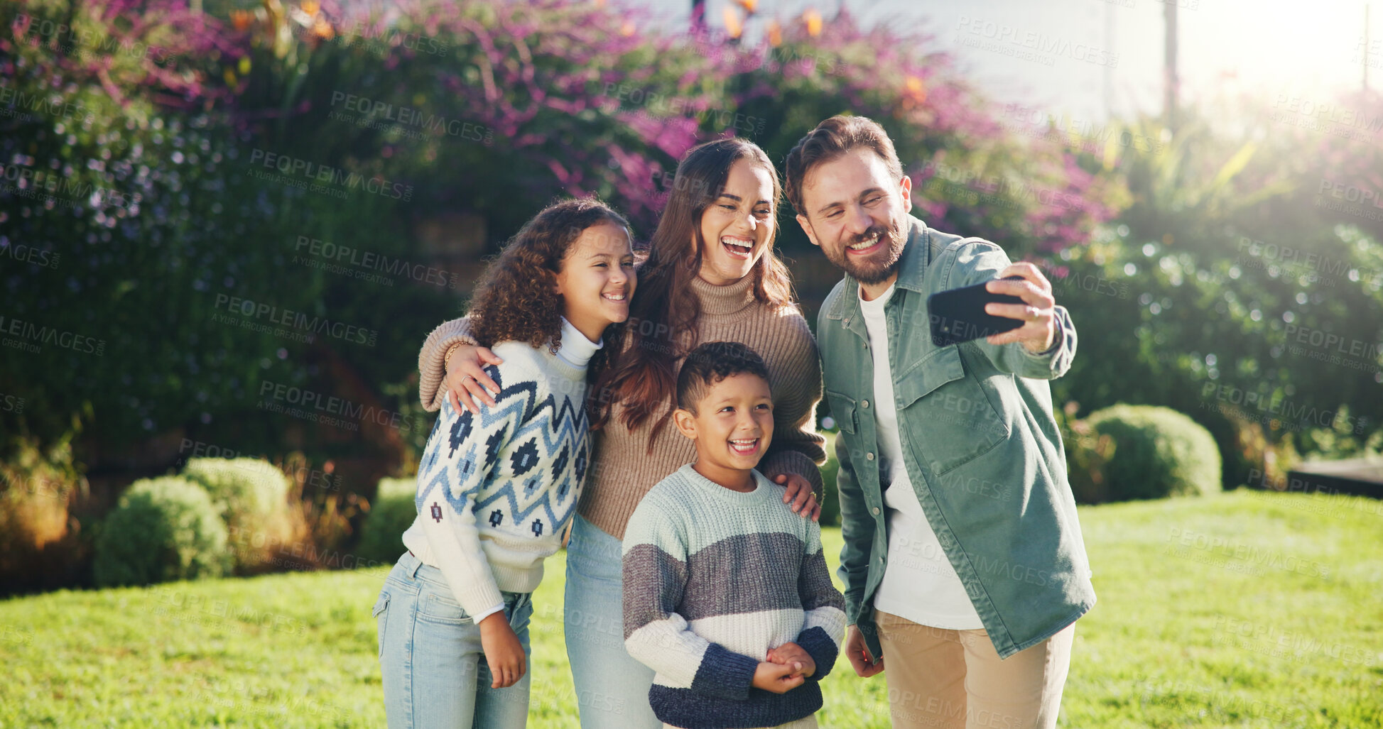 Buy stock photo Outdoor, parents and kids with hug for selfie, weekend bonding and laughing for social media post. Nature, happy people and children with joke for profile picture, embrace and photography for memory
