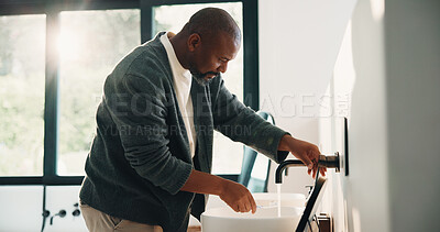 Buy stock photo Dental, toothbrush or black man in house with water, cavity prevention or mouth tool in orthodontics. Dentistry, cleaning or mature person with tap, bacteria reduction or hygiene routine in bathroom.