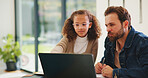 Family home, child and dad with laptop for online education, growth and development with assignment. Reading, man and daughter with tech for knowledge, elearning or help with homework on web in house