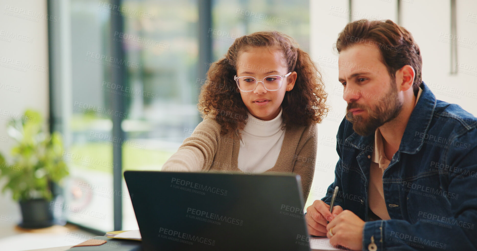 Buy stock photo Family home, child and dad with laptop for online education, growth and development with assignment. Reading, man and daughter with tech for knowledge, elearning or help with homework on web in house