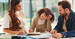 Stress, child and student with parents at house for education, homework and academic pressure. Worry, people and teenager with dyslexia, learning challenge and study burnout with focus issues in home