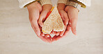 Hands, family and heart with food at house for homemade lunch, meal prep and cheese sandwich. Above, person or child with organic bread, healthy vegetables and love symbol for nutrition snack in home