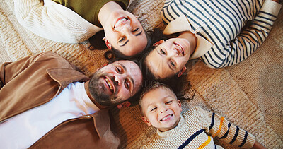 Buy stock photo Fun, parents or children on floor with portrait, bonding together or happiness with family time. Smile, above or kids in house with circle, solidarity or playful connection in healthy relationship.