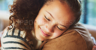 Buy stock photo Hug, security and smile of girl with parent in home for bonding, relationship trust or safety. Daughter, eyes closed and family with child embracing father in apartment for comfort or connection