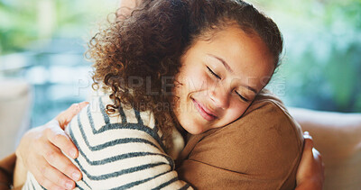 Buy stock photo Trust, parent or daughter in house with hug, bonding together or family love in childcare. Happy, father or child in lounge with embrace, healthy relationship or connection for childhood development.