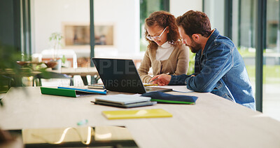Buy stock photo Education, learning and laptop of dad with daughter in home for homework, study or teaching. Computer, conversation and single parent man with girl child for development, growth or school project