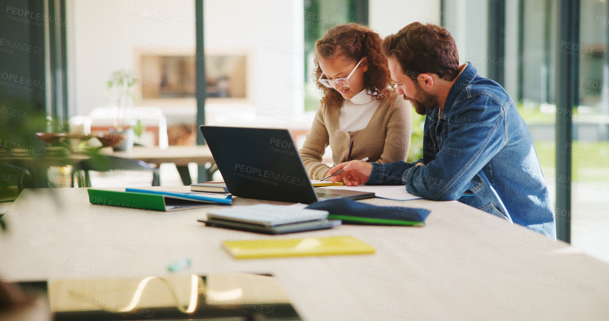 Buy stock photo Education, learning and laptop of dad with daughter in home for homework, study or teaching. Computer, conversation and single parent man with girl child for development, growth or school project