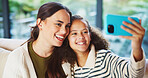 Mother, child and smile in home for selfie, status update and bonding for relationship memory. Social media, mom and daughter in living room for photography, profile picture and care with connection