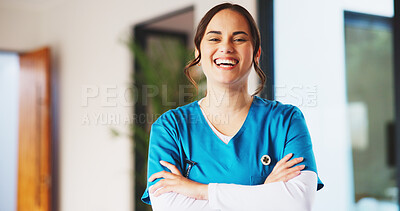 Buy stock photo Medical, portrait or nurse in house with arms crossed, ambition or career growth in assisted living. Happy, pride or woman in home with confidence, opportunity or about us in healthcare services.
