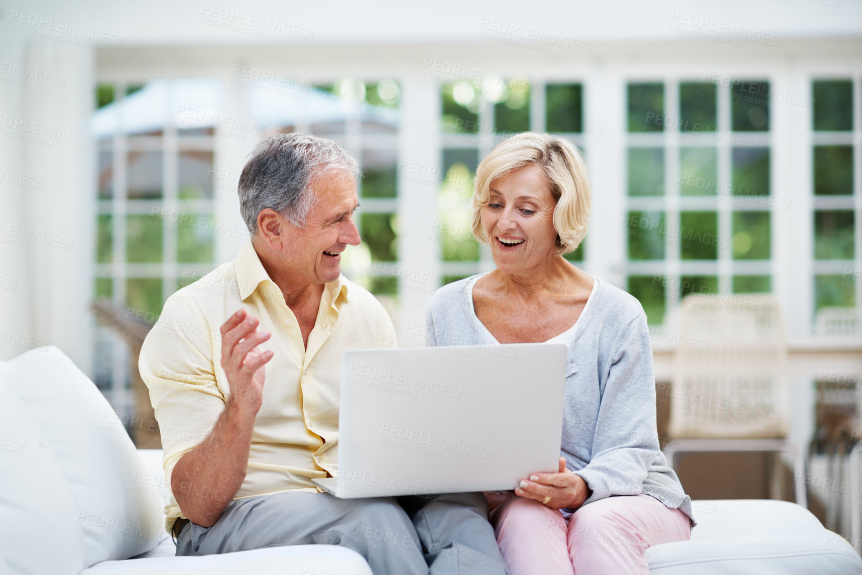 Buy stock photo Senior, couple and excited with laptop in home for social security payout, annuity growth or support. Marriage, people and happy with tech for account balance, retirement fund and financial stability