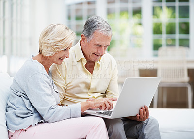 Buy stock photo A pretty senior woman showing her husband something on the laptop screen
