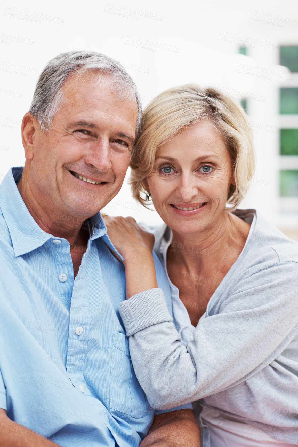 Buy stock photo Happy, love and portrait with old couple on sofa in home for bonding, connection and marriage. Support, weekend break and retirement with senior man and woman in living room in house for loyalty