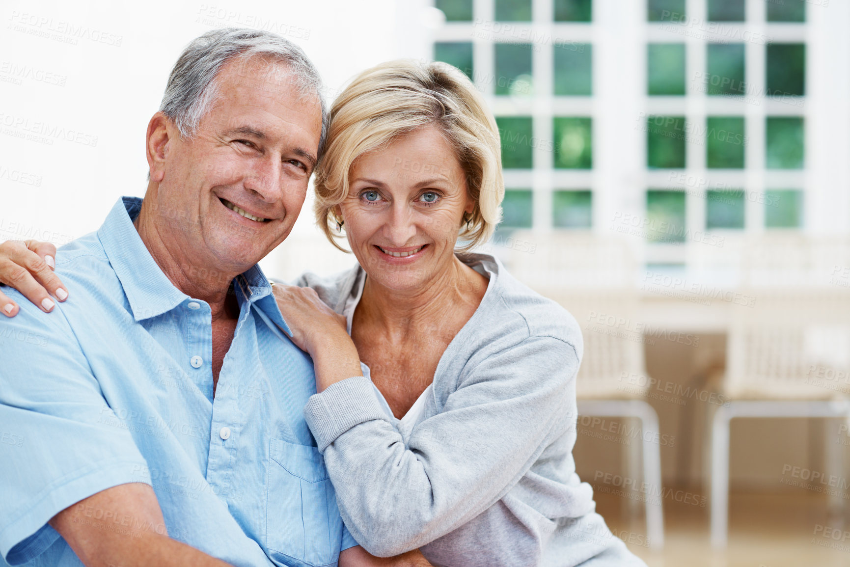 Buy stock photo Smile, love and portrait with old couple in home for bonding, connection and marriage. Support, weekend break and retirement with senior man and woman in living room in house for loyalty and relax